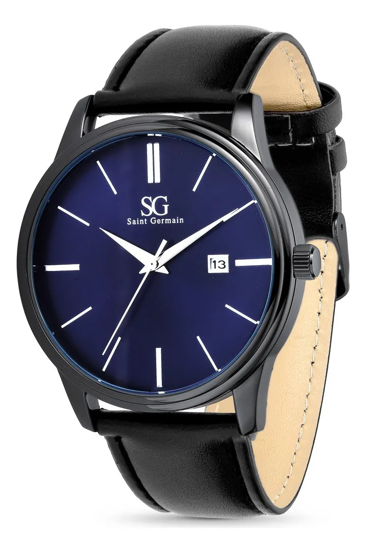 Relógio Masculino Couro Azul Caixa Prata Saint Germain 42mm Preto Preto Azul-marinho