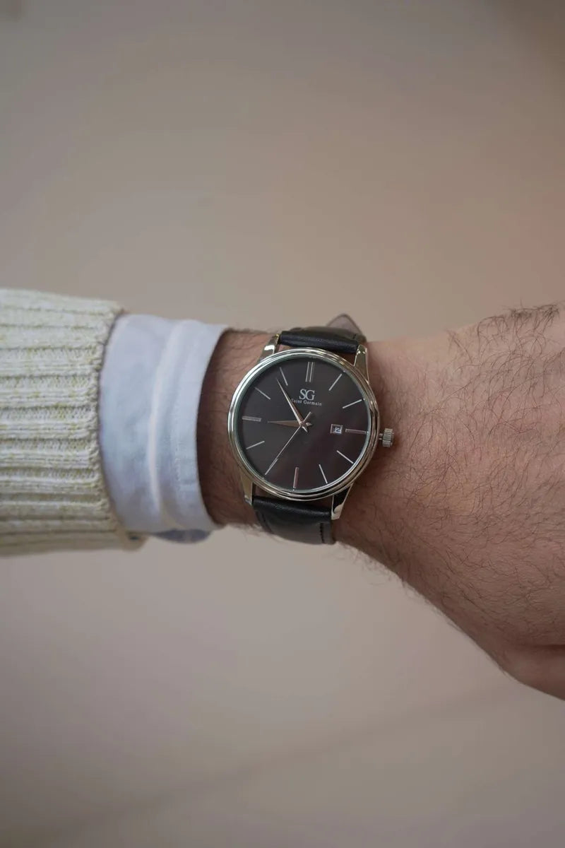 Relógio Masculino Preto Prata Saint Germain Couro 42mm Preto Prata Preto